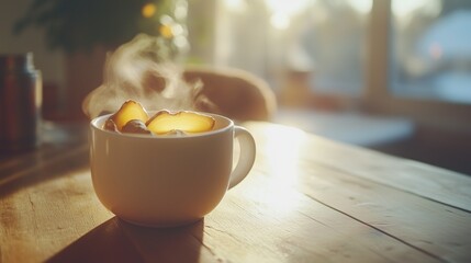 Hot steamy ginger tea in a white cup
