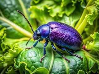 Close-Up of a Vibrant Violet Beetle on Fresh Green Vegetables, Capturing Nature's Beauty and Intricacies in Food Photography for Culinary Inspiration