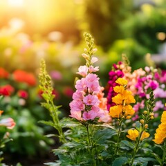 Obraz premium Garden scene under intense sunlight, vibrant colors of flowers and leaves popping, garden sunlight, vivid natural beauty