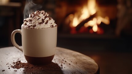 Hot chocolate with whipped cream topping served in a white chocolate mug