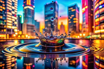 Obraz premium Close-up of a Water Drop Splash on a Colorful Urban Background, Capturing the Beauty of Urban Exploration Photography in a Unique Perspective