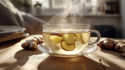 Hot steamy ginger tea in a glass cup
