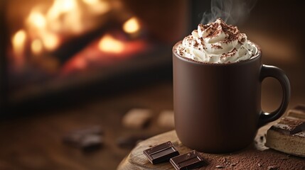 Hot chocolate with whipped cream topping served in a chocolate mug