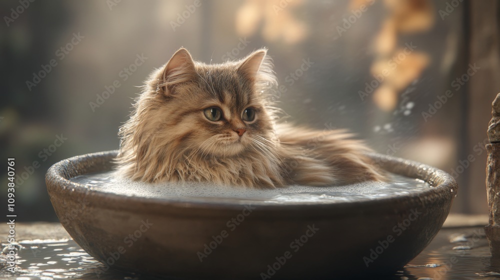 Poster adorable fluffy cat relaxing in a rustic bowl filled with water, surrounded by warm natural light an