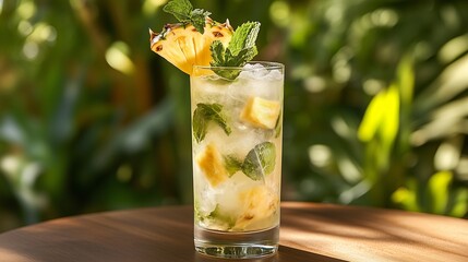 Pineapple mojito in a tall glass with mint, pineapple slices, and ice cubes