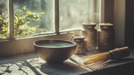 Frothy matcha tea with bamboo whisk and tea canisters in a minimalist, serene setting
