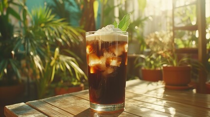 Tall glass of iced coffee with milk and whipped cream on a sunny patio