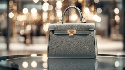 Designer handbag, leather texture, luxury boutique display, refined lighting