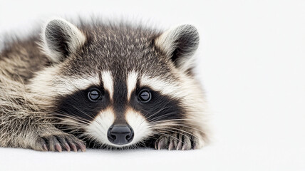 Obraz premium Adorable mammal with gentle gaze resting peacefully on snowy surface. This raccoon showcases its unique features and captivating eyes, evoking sense of tranquility