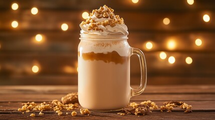 Cookie caramel smoothie topped with whipped cream in a mason jar