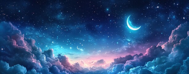 A dreamy night sky with pastel-colored clouds, a crescent moon, and scattered soft glowing stars, designed with space for text