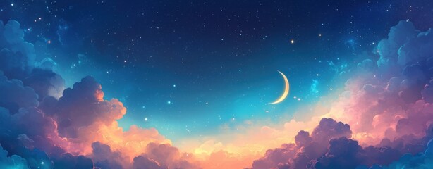 A dreamy night sky with pastel-colored clouds, a crescent moon, and scattered soft glowing stars, designed with space for text