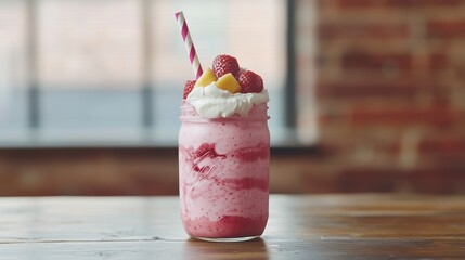 Strawberry smoothie in a mason jar topped with mixed fruits