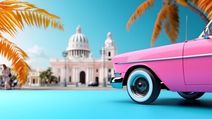 Dynamic street view with travelers and iconic architecture, clean layout space for travel ad design, vibrant colors, fresh and stylish appeal