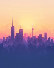 Fototapeta premium A minimalistic cityscape silhouette in pastel tones, Dreamy city skyline at sunset, urban skyline with pastel colors, stunning skyline silhouette at golden hour ,Minimalist cityscape art