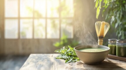 Traditional frothy matcha tea with bamboo whisk and tea canisters in a minimalist setting