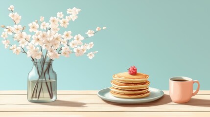 A flat-lay illustration of a breakfast table with a pastel-toned plate of pancakes, a cup of coffee, and a vase of flowers, styled with ample space for text