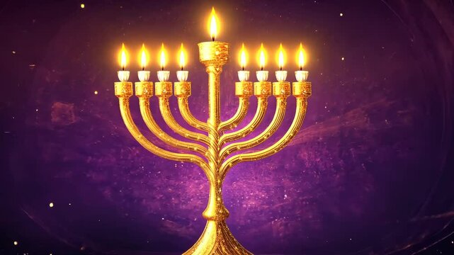 Glowing golden menorah with nine lit candles against starry purple background, celebrating hanukkah festival of lights