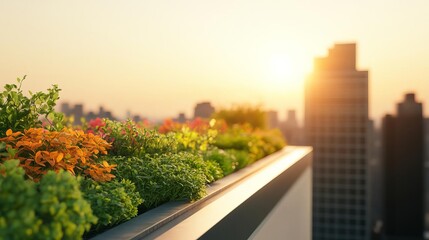 Sunlit rooftop garden with intense light enhancing vibrant foliage and urban views, rooftop sunlight, modern nature escape