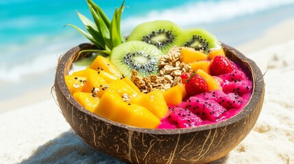 Smoothie topped with mango, dragon fruit, and kiwi in a coconut shell