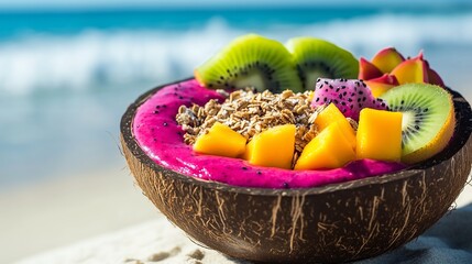 Vibrant red dragon fruit smoothie topped with mixed fruit in a coconut shell