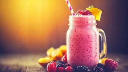 Vibrant berry smoothie in a mason jar with a striped straw, surrounded by fresh fruit on a wooden surface