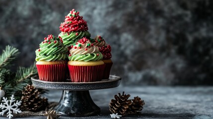 Colorful Festive Cupcake Topped with Green Frosting and Red Sprinkles on a Cake Stand Surrounded by Pinecones and Snowflake Ornament