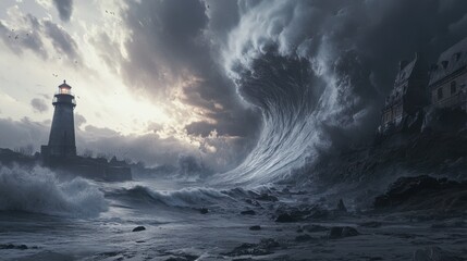 Dramatic Lighthouse Amidst Powerful Ocean Wave