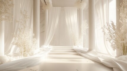 Grecian-inspired wedding stage, white columns, flowing fabric, white florals, luxurious ambiance