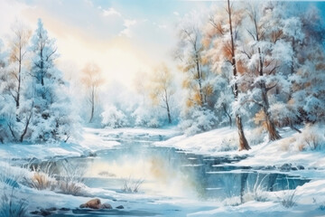 gentle watercolor winter landscape with trees and river, illustration., watercolor style, 