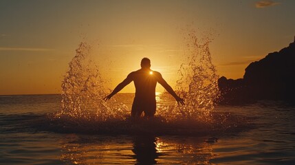 Person Splashing Water at Sunset