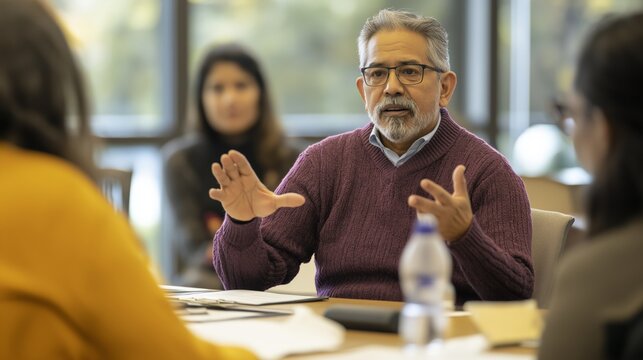 Engaging discussion in a group setting with a senior speaker at a workshop.