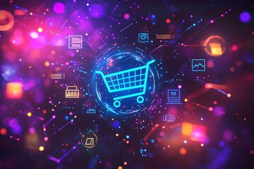 Glowing blue holographic shopping cart surrounded by digital symbols representing online shopping, payment, security, and product categories, with a vibrant bokeh background