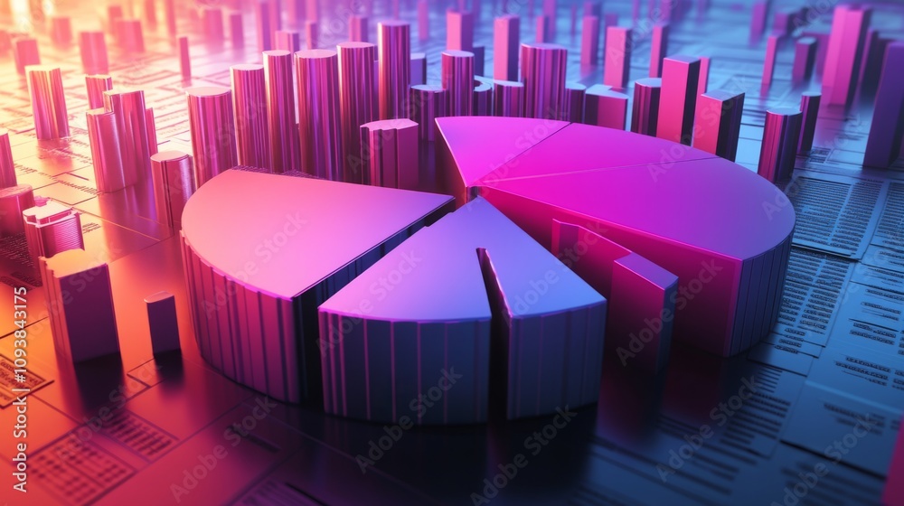 Fototapete 3D Pie Chart and Bar Graph Visualization in a Dynamic Digital Environment Representing Data Analysis and Business Growth Trends