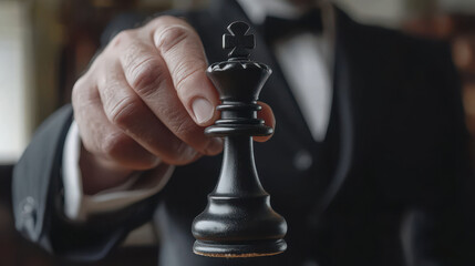 Businessman holding black chess piece, symbolizing strategy and power