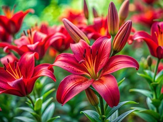 Close-up of Vibrant Red Lilium Flowers Amidst Lush Greenery in a Serene Garden Setting, Showcasing Nature's Beauty and Floral Elegance in Perfect Detail