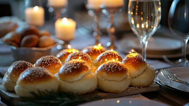 Warm hanukkah dinner table with lit candles, sparkling wine, challah rolls, and festive atmosphere, celebrating the festival of lights