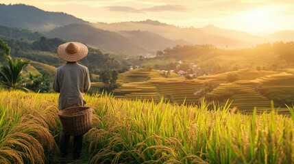 Fototapeta premium Serene Farmer in Traditional Attire Observing Lush Rice Terraces at Sunset with Vibrant Colors and Peaceful Landscape in Background