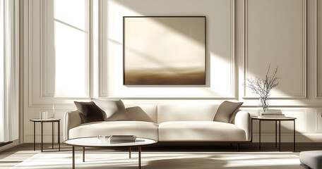 Fototapeta premium living room with a sofa, coffee table, and two small side tables. The wall is white, and the furniture has neutral colors like beige or grey. 