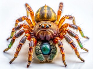Fototapeta premium Closeup of Woodlouse Hunting Spider Harpactea Spec on White Background - Detailed Macro Shot of a Common European House Spider in Natural Habitat