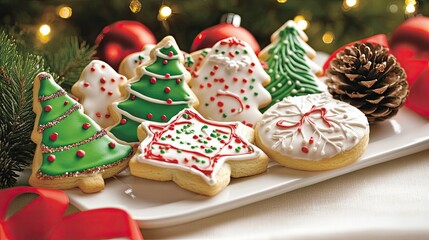 Decorative Christmas Cookies on a Festive Platter Surrounded by Holiday Ornaments and Pine Cones Creating a Cheerful Seasonal Atmosphere