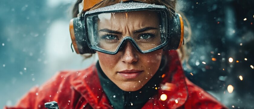 Female worker operating an angle grinder generates sparks in dynamic work environment - Powered by Adobe