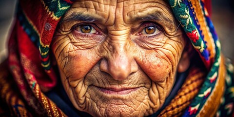 Fototapeta premium Close-Up Portrait of an Elderly Woman Showcasing the Beauty of Wrinkles and Life Experience, Capturing the Essence of Aging and Wisdom in a Heartfelt Moment