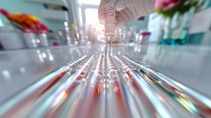 Laboratory technician prepares a liquid sample using droppers and glass vials in a well-lit lab environment