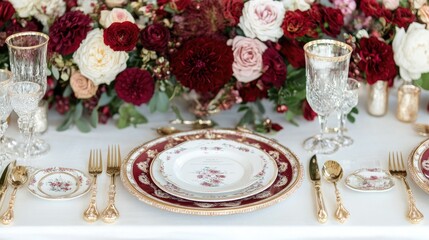 Fototapeta premium Elegant Dining Setup with Floral Centerpiece Featuring Vintage Tableware and Rich Red and White Roses for Special Occasions and Celebrations