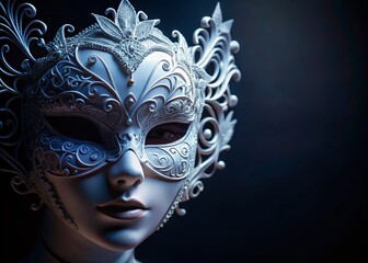 Closeup Silhouette Photography of a Handmade White Mask Against a Dark Background, Emphasizing Intricate Details and Artistic Craftsmanship in a Mysterious Atmosphere