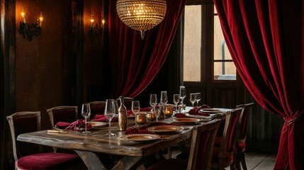 Elegant dining room with rustic wooden table, red velvet curtains, vintage chandelier, and candlelight setting creating an intimate atmosphere for fine dining experiences