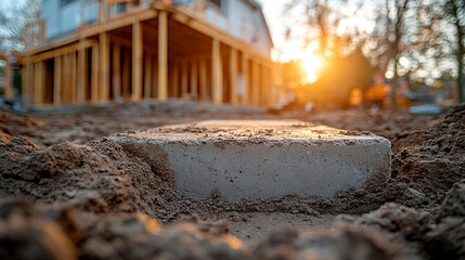 concrete block, with construction materials and blurred background, highlighting the symbolism of foundation, building, and progress in construction projects