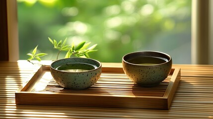 Serene Moment of Hot Green Tea in Elegant Bowls on a Wooden Tray with Natural Green Background, Perfect for Relaxation and Mindfulness Practices