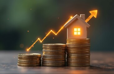 Stacks of coins from lower to higher with glowing house icon on top, real estate investment growth.